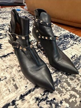 Valentino Black Leather Pointed-Toe Studded Ankle Booties